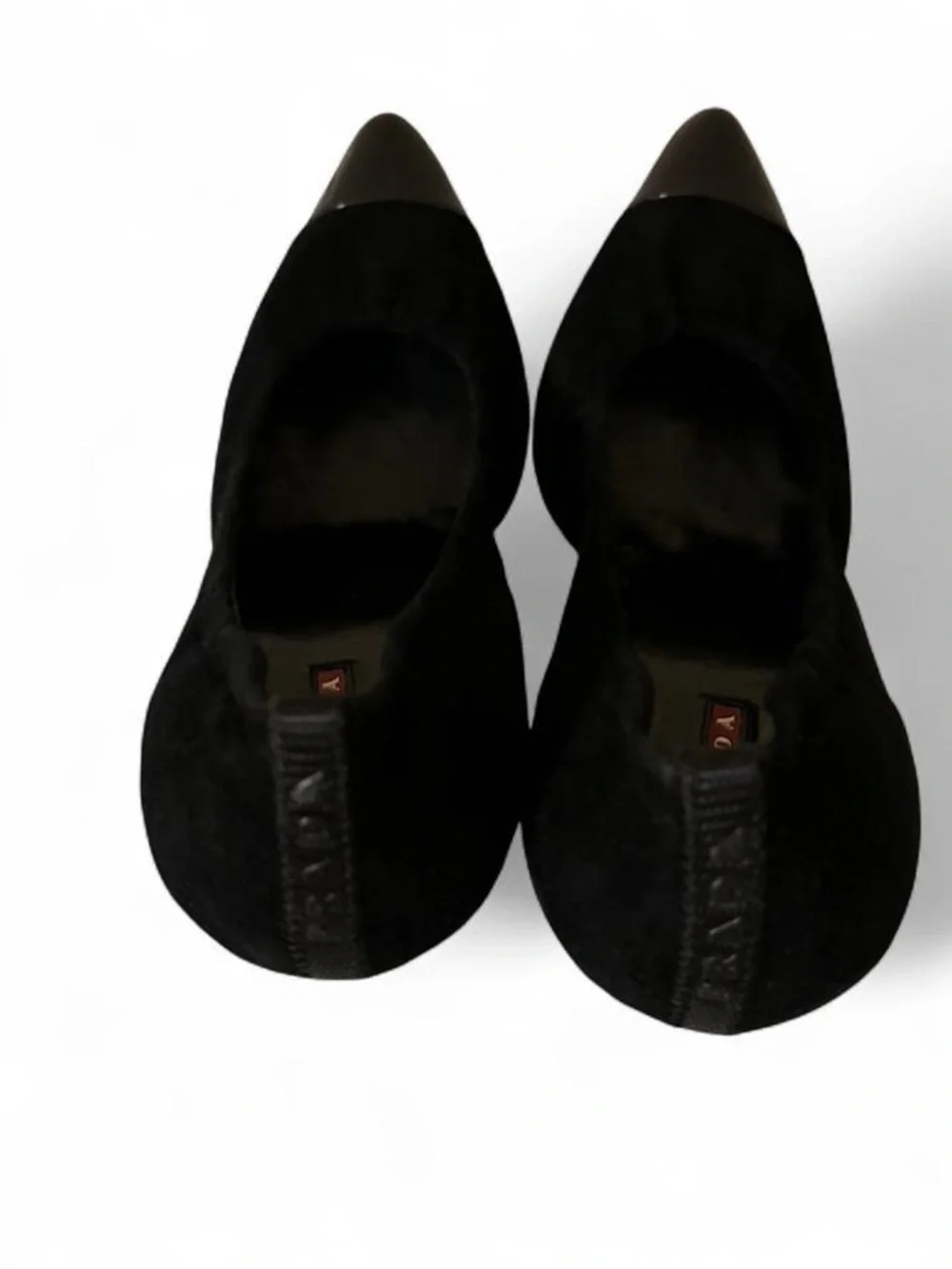 Prada Black Suede Pumps with Patent Black Cap Toe